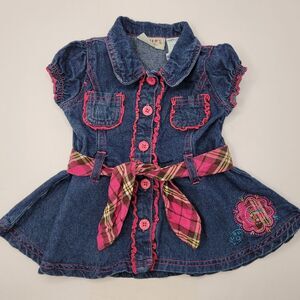 Vintage Carters Dress Infant Toddler Denim Girls 12 months Blue Pink Plaid Belt